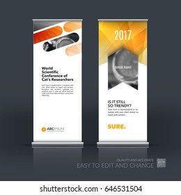Abstract business vector set of modern roll Up Banner stand design template with yellow rounded rectangles for tech, market, exhibition, show, expo, presentation, parade, events.