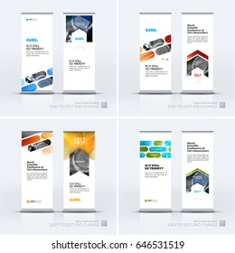 Abstract business vector set of modern roll Up Banner stand design template with colourful rounded rectangles for tech, market, exhibition, show, expo, presentation, parade, events.