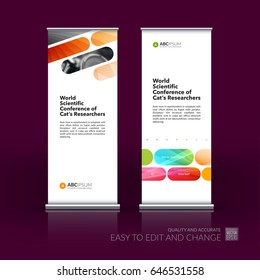 Abstract business vector set of modern roll Up Banner stand design template with colourful rounded rectangles for tech, market, exhibition, show, expo, presentation, parade, events.