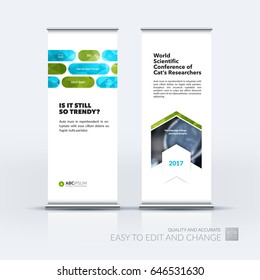Abstract business vector set of modern roll Up Banner stand design template with green rounded rectangles for tech, market, exhibition, show, expo, presentation, parade, events.