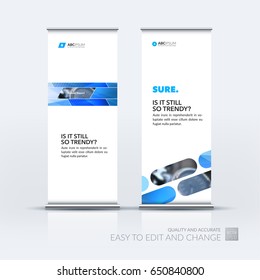 Abstract business vector set of modern roll Up Banner stand design template with blue rectangles and diagonal shapes for tech, market, exhibition, show, expo, presentation, parade, events.