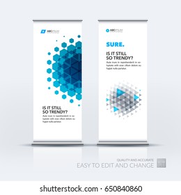 Abstract business vector set of modern roll Up Banner stand design template with blue rectangles and diagonal shapes for tech, market, exhibition, show, expo, presentation, parade, events.