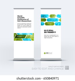 Abstract business vector set of modern roll Up Banner stand design template with green rectangles and diagonal shapes for tech, market, exhibition, show, expo, presentation, parade, events.