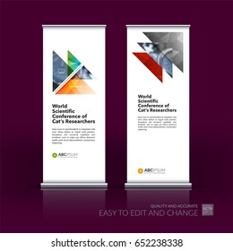 Abstract business vector set of modern roll Up Banner stand design template with colourful triangles, arrows for tech, market, exhibition, show, expo, presentation, parade, events.