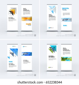 Abstract business vector set of modern roll Up Banner stand design template with colourful triangles, arrows for tech, market, exhibition, show, expo, presentation, parade, events.