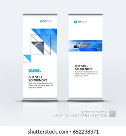 Abstract business vector set of modern roll Up Banner stand design template with blue triangles, arrows for tech, market, exhibition, show, expo, presentation, parade, events.