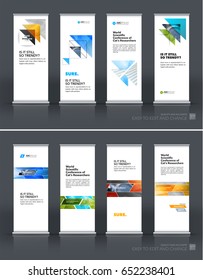 Abstract business vector set of modern roll Up Banner stand design template with colourful triangles, arrows for tech, market, exhibition, show, expo, presentation, parade, events.