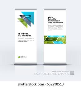 Abstract business vector set of modern roll Up Banner stand design template with green triangles, arrows for tech, market, exhibition, show, expo, presentation, parade, events.