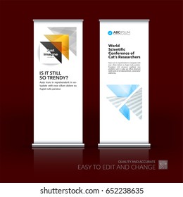 Abstract business vector set of modern roll Up Banner stand design template with grey triangles, arrows for tech, market, exhibition, show, expo, presentation, parade, events.
