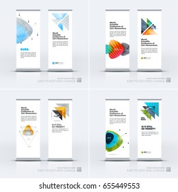 Abstract business vector set of modern roll Up Banner stand design template with colourful soft triangular shapes for tech, market, exhibition, show, expo, presentation, parade, events.
