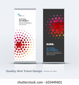 Abstract business vector set of modern roll Up Banner stand design template with red triangular shapes for tech, market, exhibition, show, expo, presentation, parade, events.
