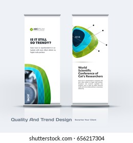 Abstract business vector set of modern roll Up Banner stand design template with green soft, pebble shapes for eco, market, exhibition, show, expo, presentation, parade, events.