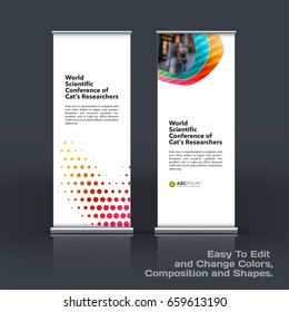 Abstract business vector set of modern roll Up Banner stand design template with colourful rounds, circles, dots for eco, market, exhibition, show, expo, presentation, parade, events.