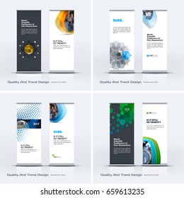 Abstract business vector set of modern roll Up Banner stand design template with colourful rounds, circles, dots for eco, market, exhibition, show, expo, presentation, parade, events.