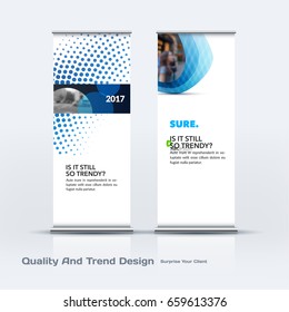 Abstract business vector set of modern roll Up Banner stand design template with blue rounds, circles, dots for eco, market, exhibition, show, expo, presentation, parade, events.