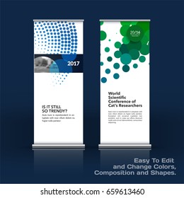 Abstract business vector set of modern roll Up Banner stand design template with colourful rounds, circles, dots for eco, market, exhibition, show, expo, presentation, parade, events.