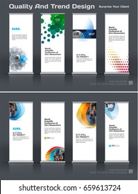 Abstract business vector set of modern roll Up Banner stand design template with colourful rounds, circles, dots for eco, market, exhibition, show, expo, presentation, parade, events.