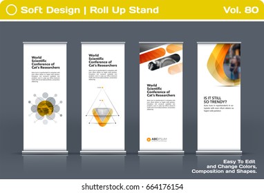 Abstract business vector set of modern roll Up Banner stand design template with yellow soft shapes for summer festival, market, show, expo, presentation, parade, events.
