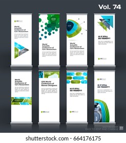 Abstract business vector set of modern roll Up Banner stand design template with green geometric shapes for eco, market, exhibition, show, expo, presentation, fair, events.
