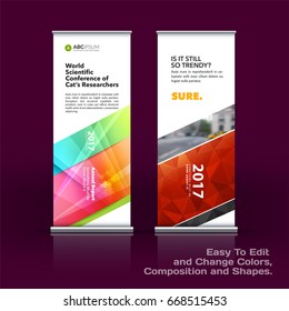Abstract business vector set of modern roll Up Banner stand design template with colourful diagonal triangular shapes for eco, market, exhibition, show, expo, presentation, parade, events.