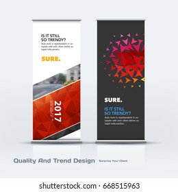 Abstract business vector set of modern roll Up Banner stand design template with colourful diagonal triangular shapes for eco, market, exhibition, show, expo, presentation, parade, events.