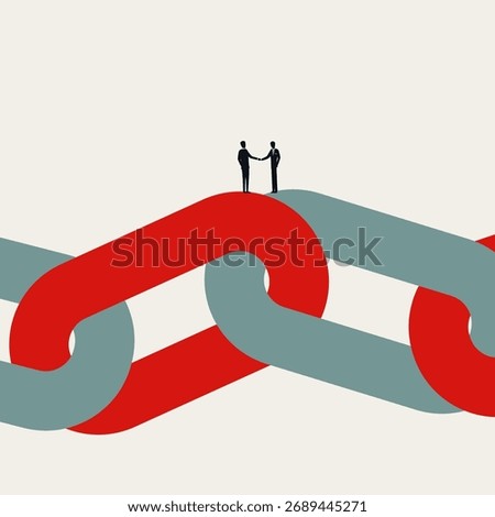 Abstract business vector symbol of a handshake on a strong chain link. This minimalist illustration represents partnership, trust, agreement, and strong collaboration.