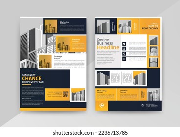 Resumen Plantilla de vector de negocio para Brochure, Informe anual, Revista, Afiche, Presentación corporativa, Cartera, Volante, Mercado, infografía con tamaño de color amarillo y azul A4