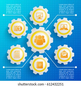 Abstract business web design background with orange colorf icons and text field flat vector illustration