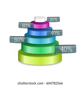 Abstract business web infographics with colorful 3d pyramid of six round rings and percent labels isolated vector illustration