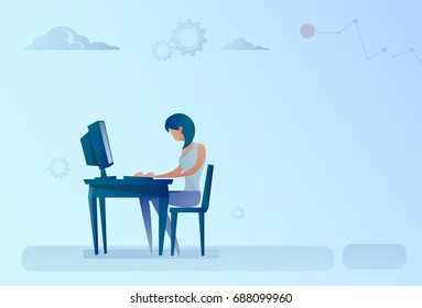 Abstract Business Woman Sitting At Office Desk Working Computer Vector Illustration