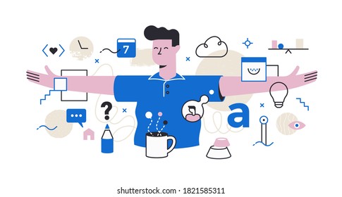 Abstract business & workflow management illustration. The calm man easily keeps under control a large number of work tasks. Project & business processes management concept