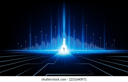 Abstract businessman up arrow Key Door city open Light technology background Hitech communication concept innovation background vector design. 