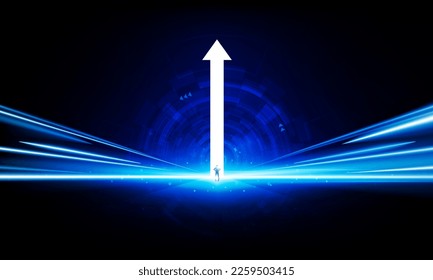 Abstract businessman arrow up of Key Door or interest open businessman Light technology background Hitech communication concept innovation background vector design. 