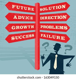 Abstract Businessman at a Blank Signpost. Great illustration of Retro styled Businessman with a selection of Business related options and choices to make. All recruitment Agencies need one of these!