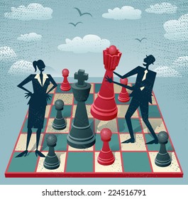 Abstract Businessman and Businesswoman play a game of Chess. Great illustration of Retro styled Business people playing a game of Chess on a huge Chessboard. 