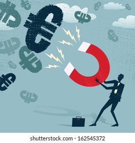 Abstract Businessman catches Euros with Money Magnet. Great illustration of Retro styled Businessman catching all the money with his giant cash catching Magnet.