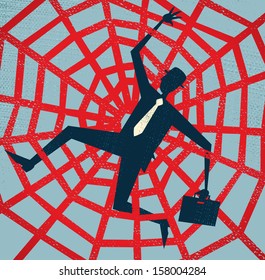 Abstract Businessman caught in a Spiders Web. Vector illustration of Retro styled Abstract Businessman caught up in a bureaucratic Spiders Web.