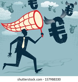 Abstract Businessman chasing and netting Euros. Vector illustration of Retro styled Businessman catching all the money with his giant cash catching net. 