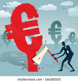 Abstract Businessman cuts down the Euro.  Great illustration of Retro styled Businessman cutting down a giant European Euro Tree with his razor sharp Axe. 