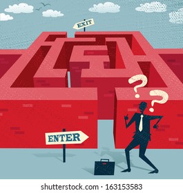 Abstract Businessman embarks on a difficult Maze journey. Great illustration of Retro styled Businessman with a very difficult task ahead of him to find his way through a maze to the other side.