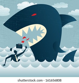 Abstract Businessman falls Prey to a Huge Shark.  Vector illustration of Retro styled Businessman who is in negotiations with a very dangerous customer in the form of a giant metaphorical Shark.