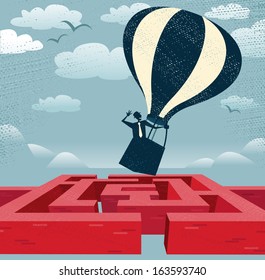 Abstract Businessman finds quick route over Maze. Great illustration of Retro styled Businessman with a very clever idea to use a Hot Air Balloon to find his way through a maze to the other side.