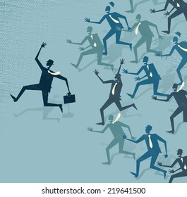 Abstract Businessman gets ahead of the pack. Great illustration of Retro styled Businessman running ahead of his business rivals to get to the business deal first.