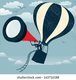 Abstract Businessman gets the best View of all Time. illustration of Retro styled Businessman with the fantastic idea to use his gigantic telescope in a Hot Air Balloon to get an edge on his rivals. 