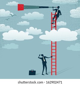 Abstract Businessman gets a better view. Great illustration of Retro styled Businessman climbing above the clouds to get a better view of the landscape than his competitors.