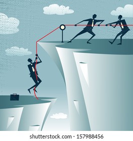 Abstract Businessman gets help from the Team. Vector illustration of Retro styled Businessman getting a welcome lift up the corporate mountain with the assistance of his team members. 