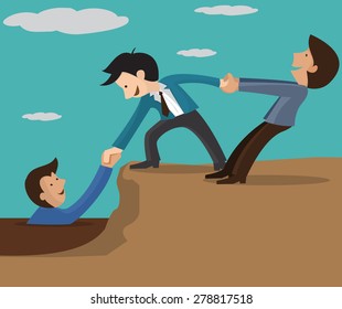 Abstract Businessman gets help from the Team. Vector illustration  Businessman getting a welcome lift up the corporate mountain with the assistance of his team members. 