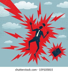 Abstract Businessman has a Big Shock. Vector illustration of Retro styled Businessman who has got a big shock from a huge bolt of lightening.