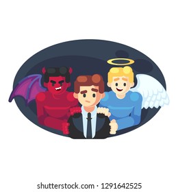 Abstract Businessman has a Moral Dilemma. Vector illustration flat cartoon styled Businessman caught up in a  battle of wills with devil and angel helping him to decide. - Vector