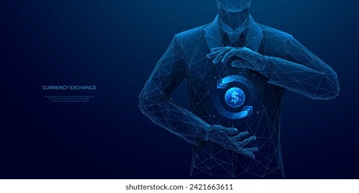 Abstract businessman holding a Currency Exchange Symbol in his hands on a dark blue background. Digital money transfer. Finance concept. Dollar coin and rotate double arrows. Vector illustration. svg